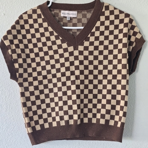 Willow&Wind Womens Checkered Pattern Print Brown&Tan Vest Sweater Sz Small - Picture 2 of 8